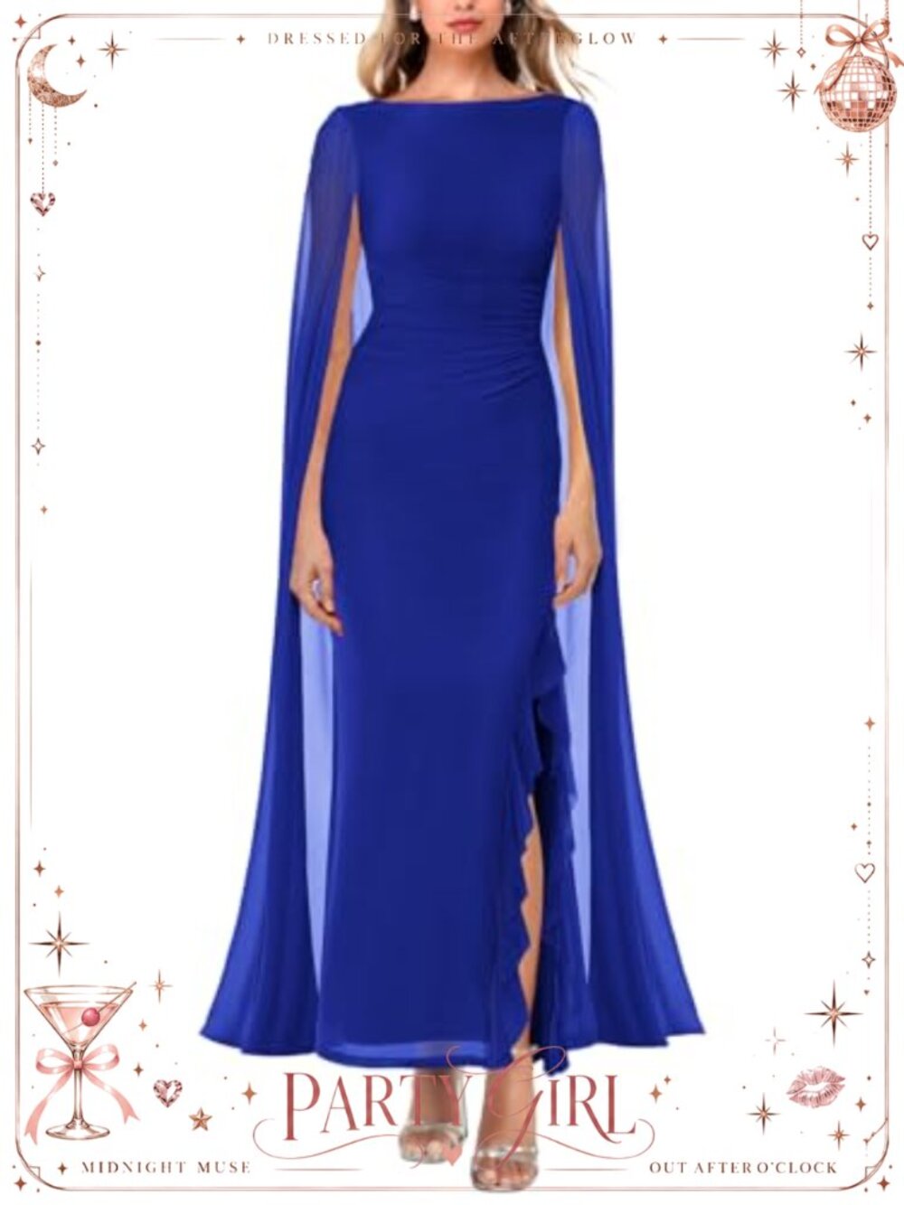 Formal Long Sleeve High Split Mesh Ruched Bodycon Maxi Dress with Cape